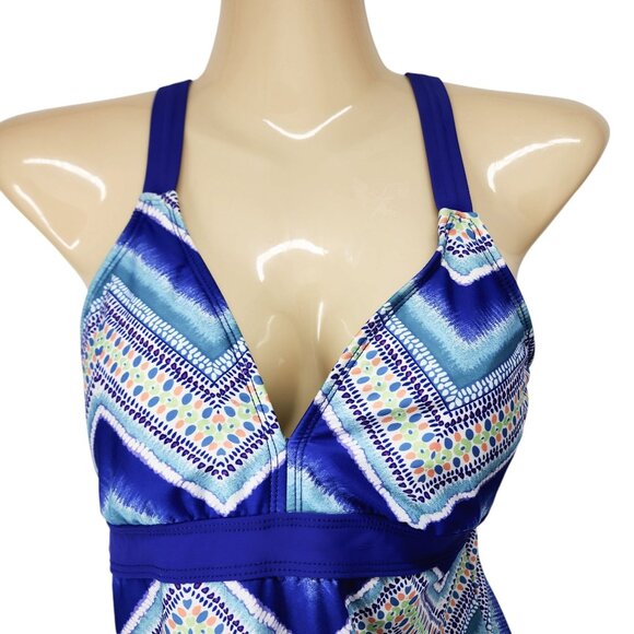 Title Nine Womens Blue Multicolor Chevron Print Tankini Swimsuit Top Size S‎ - Picture 2 of 7